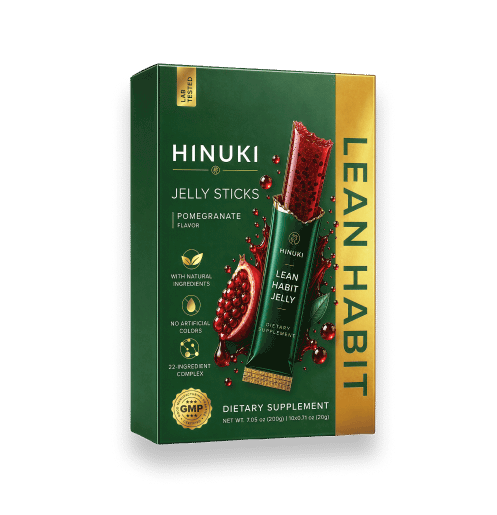 Hinuki 1パック — ザクロゼリースティック10本入りの緑色のLean Habitの箱